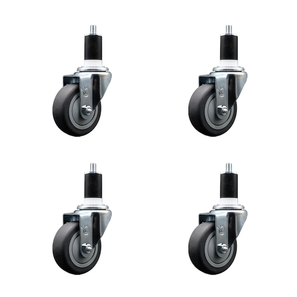 3.5'' SS Thermoplastic Rubber Wheel Swivel 1-1/2'' Expanding Stem Caster Set, 4PK